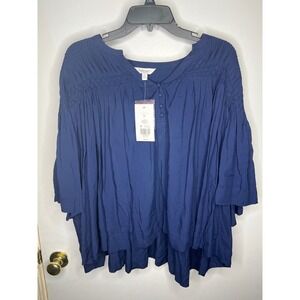 CROWN & IVY NAVY BLUE SMOCKED SLEEVE TUNIC TOP NWT preppy